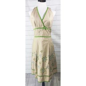Retro Eyelet Cynthia Steffe Fit Flare Sundress Khaki with Green Velvet Trim